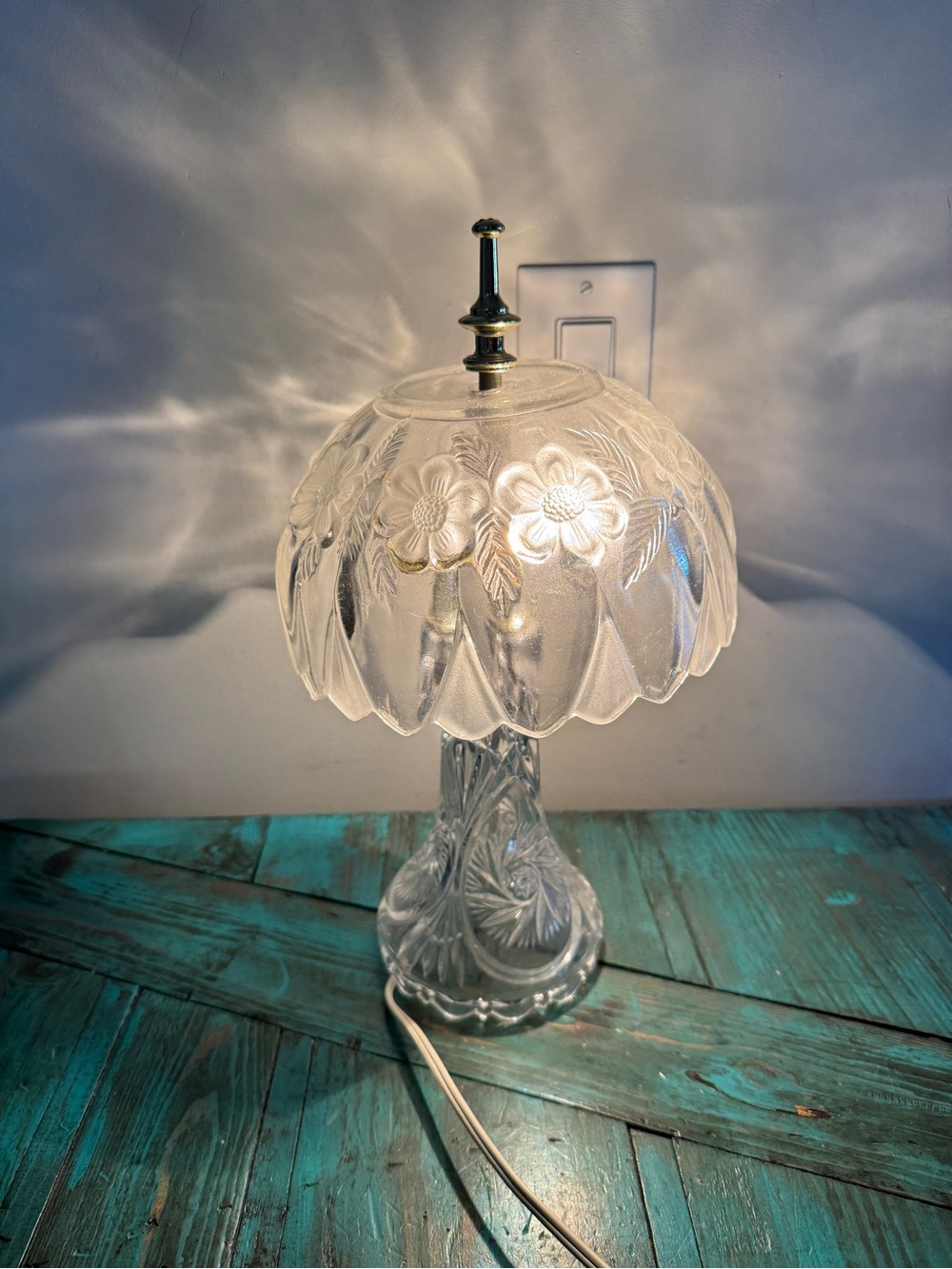 Vintage Pressed Glass Boudoir Lamp with Floral Glass Shade